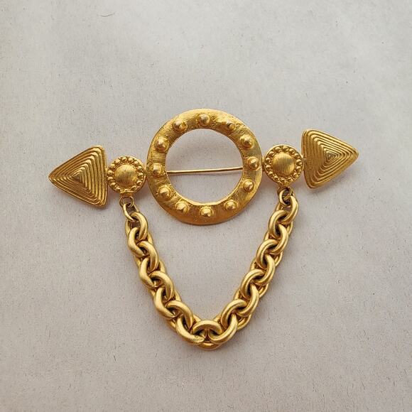 Large Marcy Feld Gold Plated Bar Heart Brooch Arrow Chain Military Statement - Picture 2 of 8